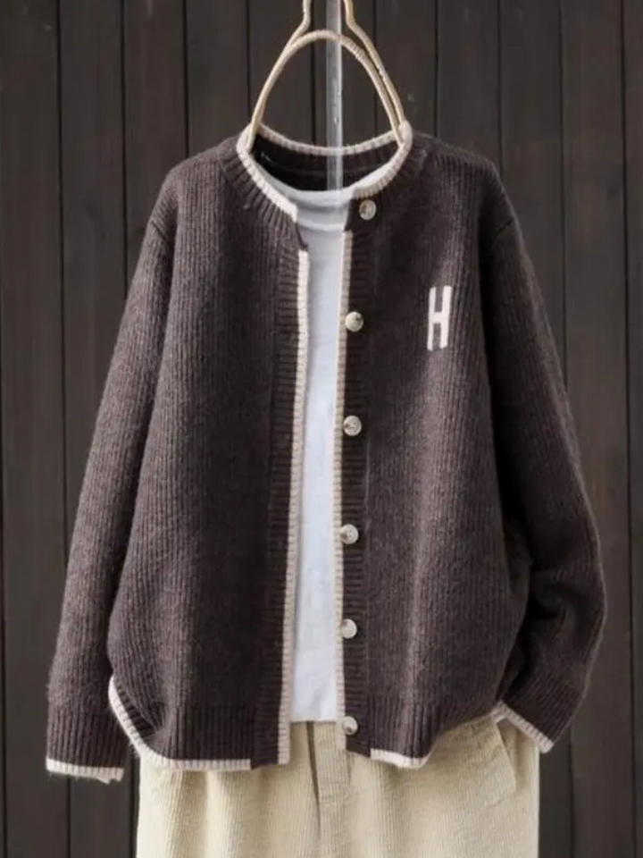 Marigold | Women's Preppy Contrast Trim Letter Patch Cardigan