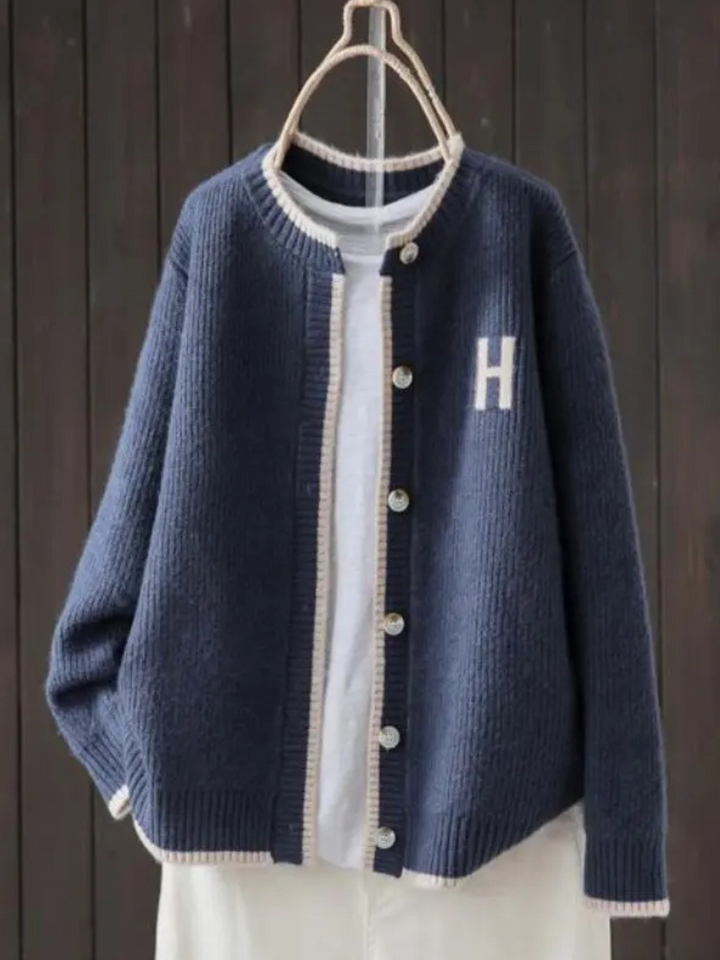 Marigold | Women's Preppy Contrast Trim Letter Patch Cardigan