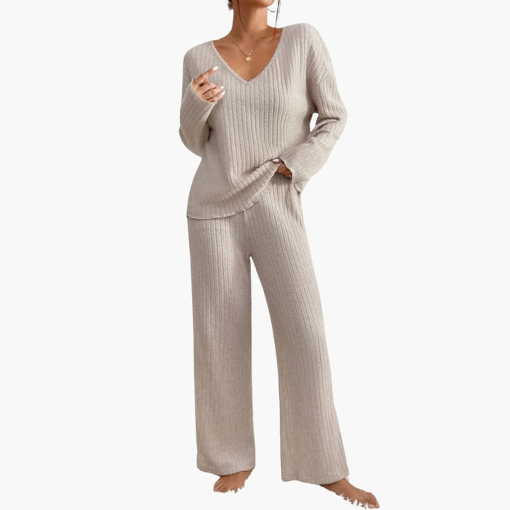 Lucienne | Women's Ribbed V Neck Sweater Wide Leg Pants Set