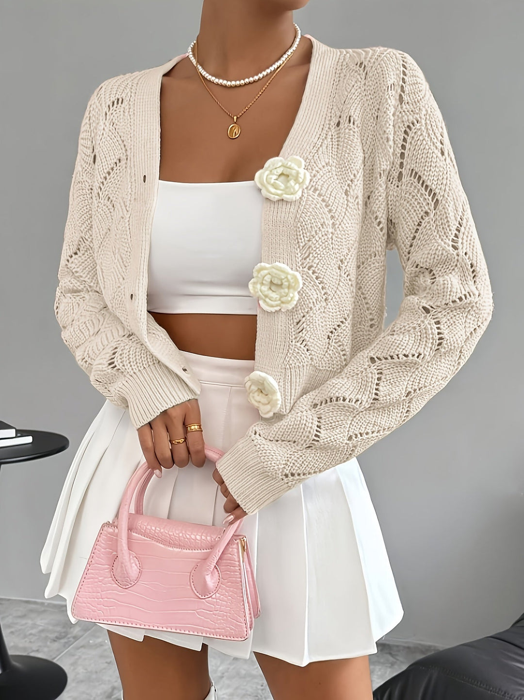 Marigold | Women's Scalloped Crochet Cardigan with 3D Rose Buttons