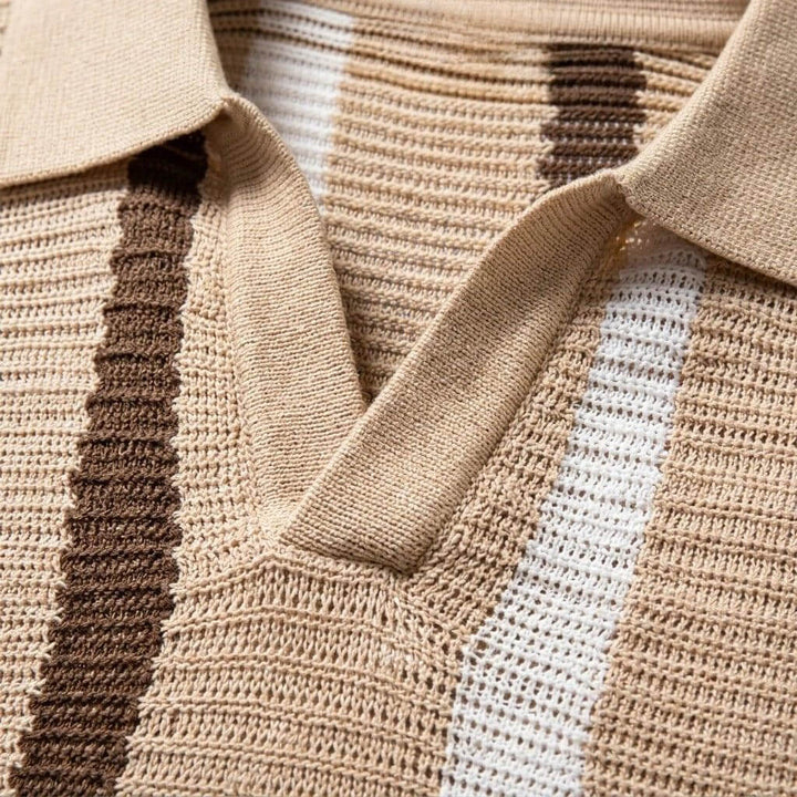 Vertical Stripe Open Collar Knit Short Sleeve Polo Shirt