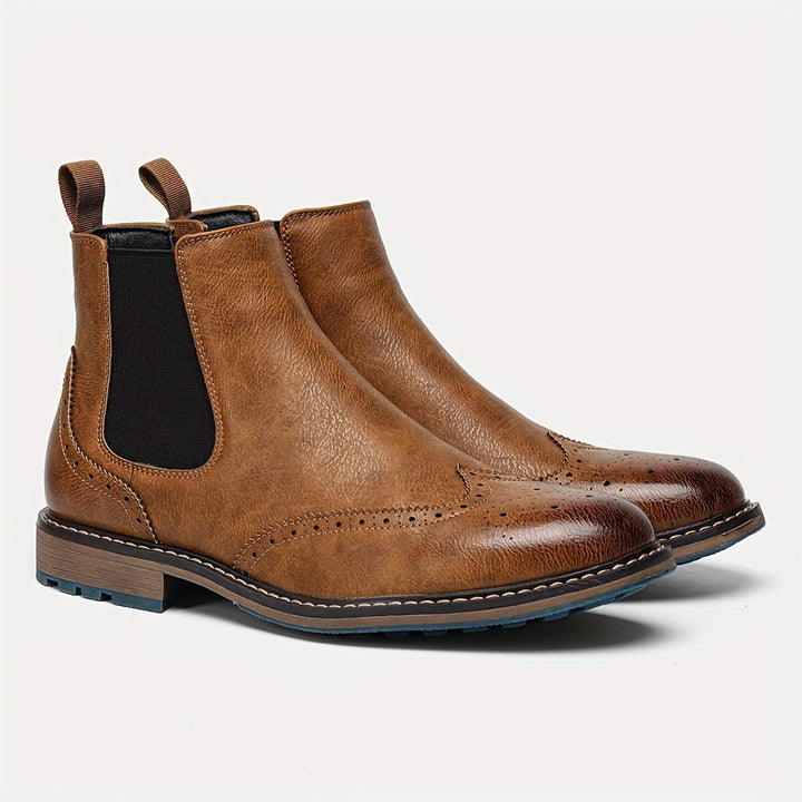 Brogue Wingtip Elastic Side Panel Slip On Leather Mens Chelsea Boots