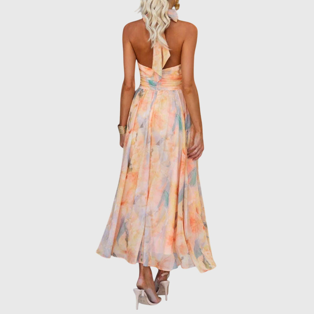 Halter Neck Flowy Maxi Dress Belted Waist