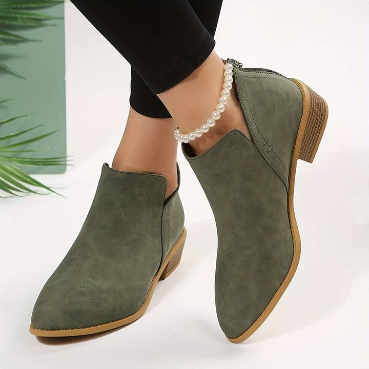 V Cut Pointed Toe Side Zip Stacked Heel Suede Ankle Boot