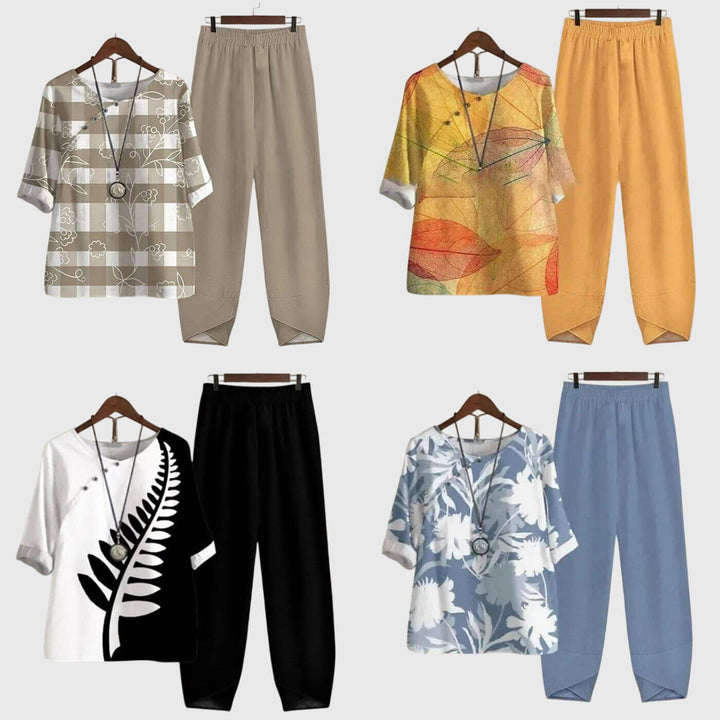 Comfortable Print Linen Top and Trouser Set Women