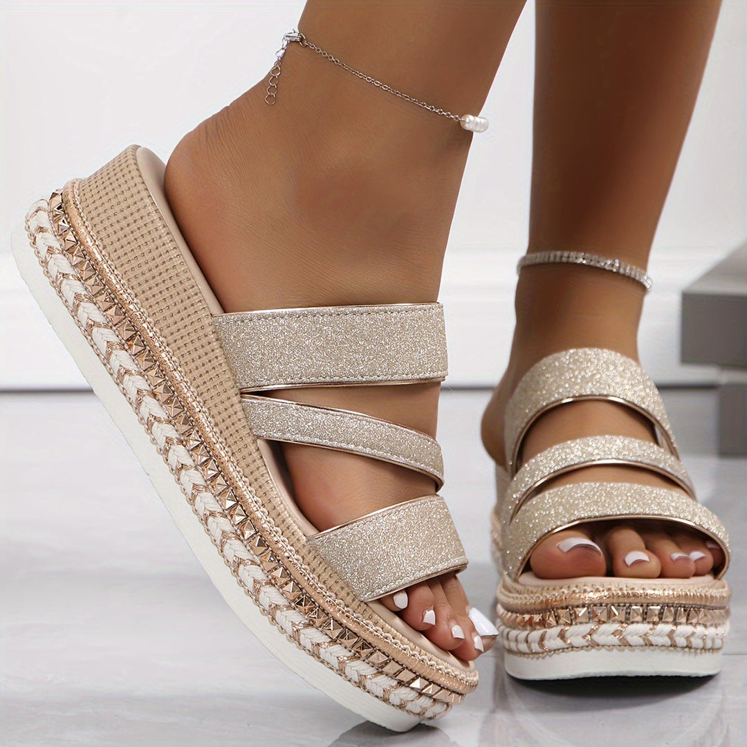 Triple Glitter Strap Studded Sole Espadrille Platform Wedge