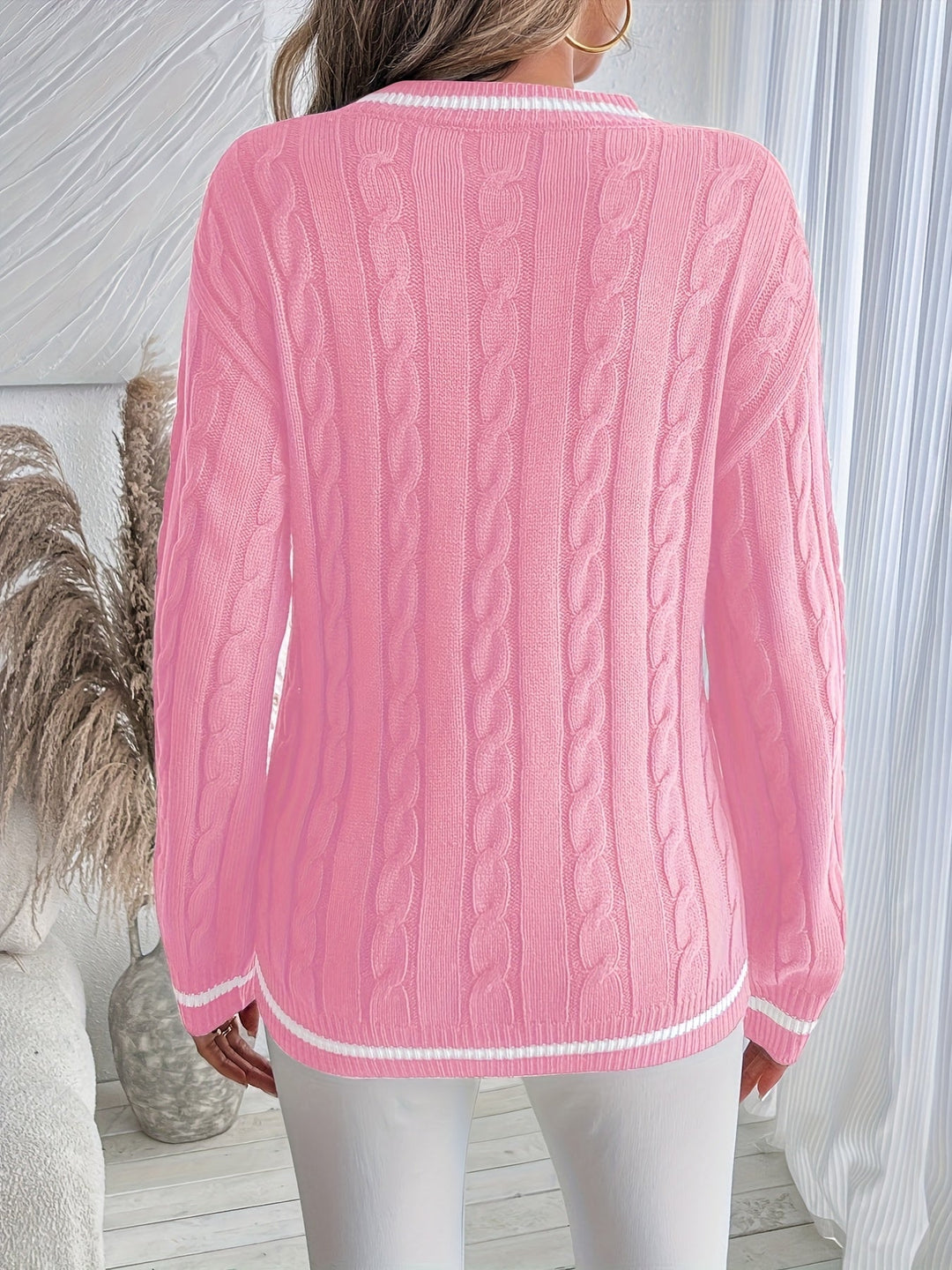 Verona | Women's Oversized Varsity Stripe V-Neck Pullover Sweater in Cable Knit