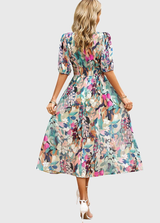 Short Sleeve Floral Midi Dress Elastic Waist