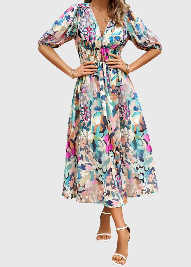 Short Sleeve Floral Midi Dress Elastic Waist