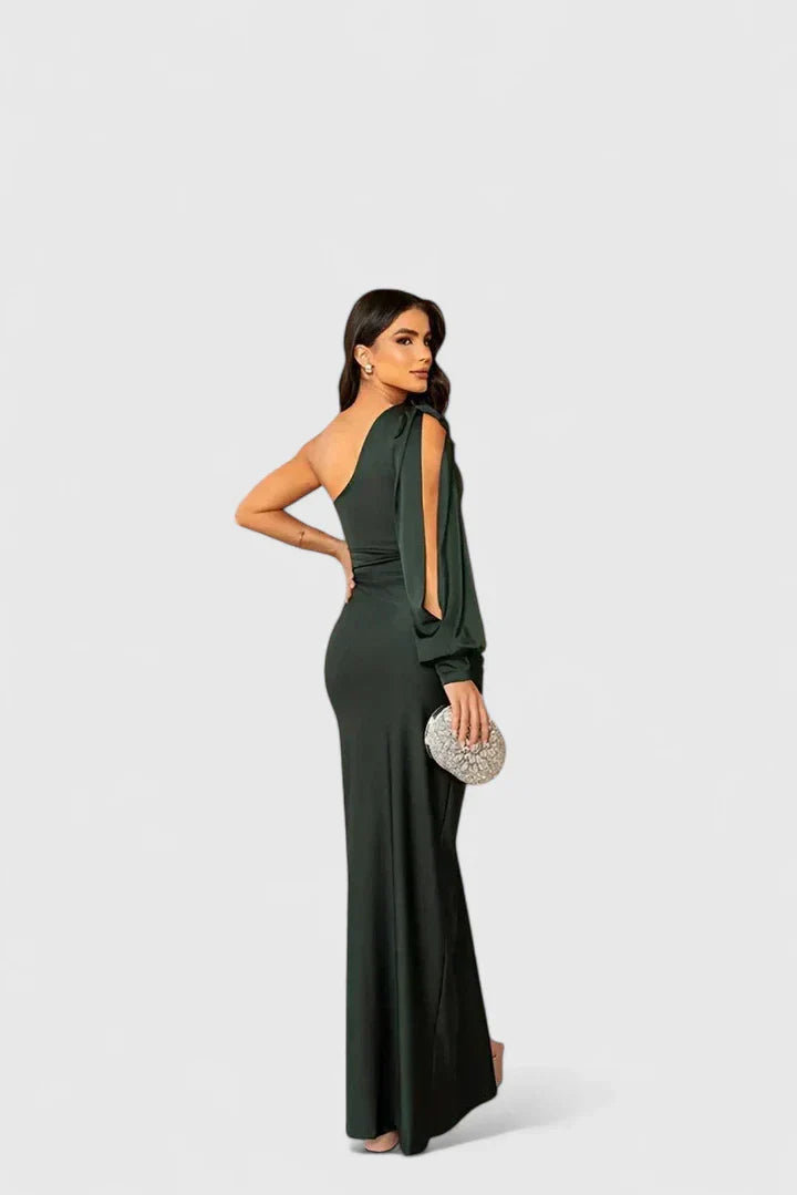 Elegant One Shoulder Satin Maxi Dress With High Split