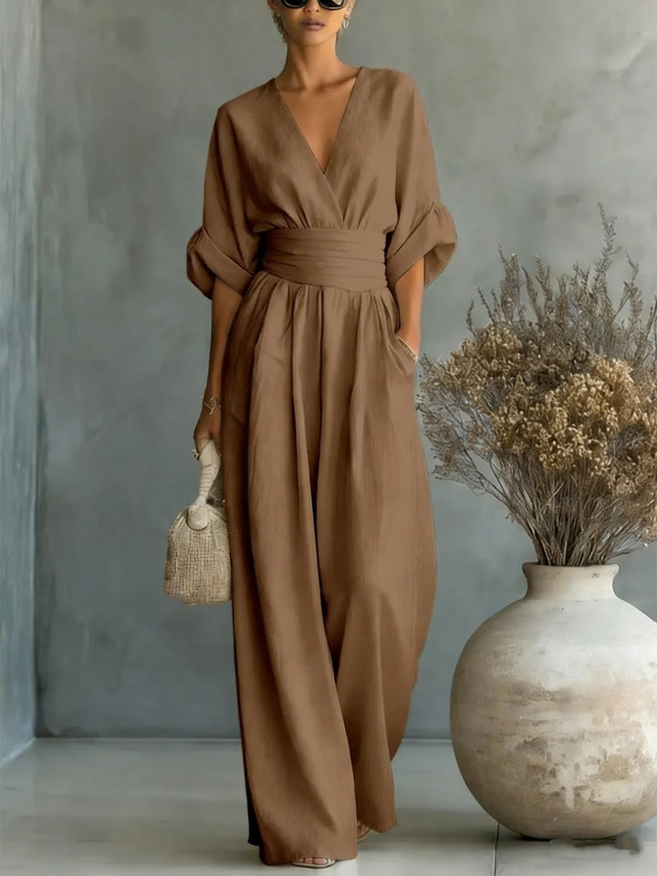 Deep V Neck Balloon Sleeve Wide Waistband Wide Leg Jumpsuit
