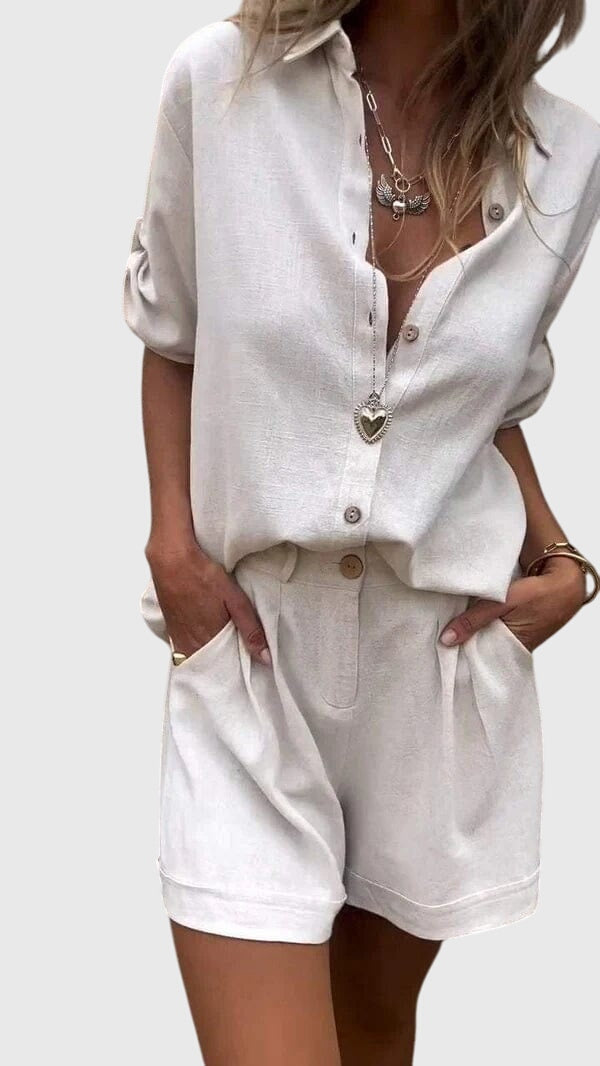 Linen Shirt and High Waisted Short Set Women