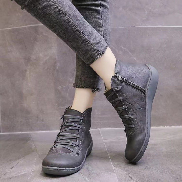 Cross Lace Side Zip Flat Sole Leather Casual Ankle Boot