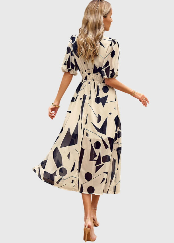 Short Sleeve Floral Midi Dress Elastic Waist