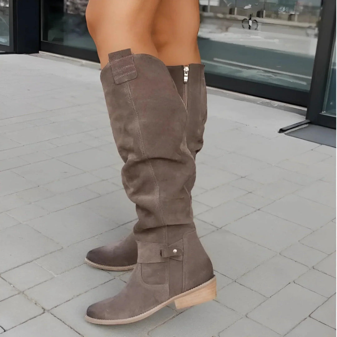 Slouch Suede Ankle Strap Side Zip Knee High Cowboy Boot