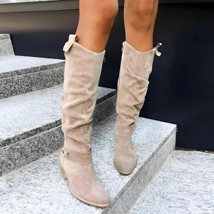 Slouch Suede Ankle Strap Side Zip Knee High Cowboy Boot