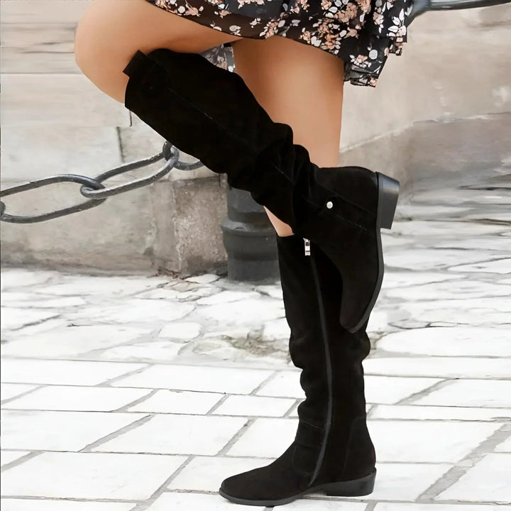 Slouch Suede Ankle Strap Side Zip Knee High Cowboy Boot