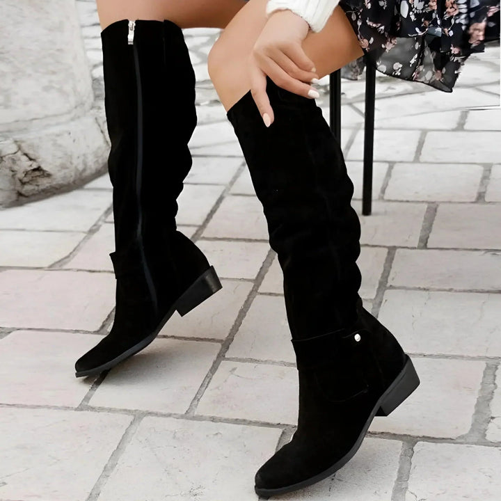 Slouch Suede Ankle Strap Side Zip Knee High Cowboy Boot