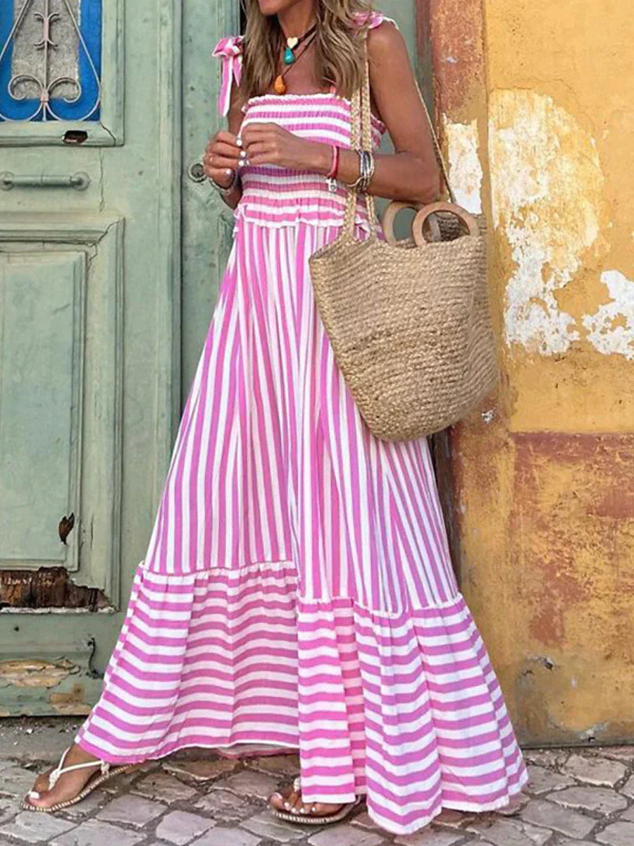 Women's Striped Maxi Dress Smocked Tiered Sleeveless Summer Vacation