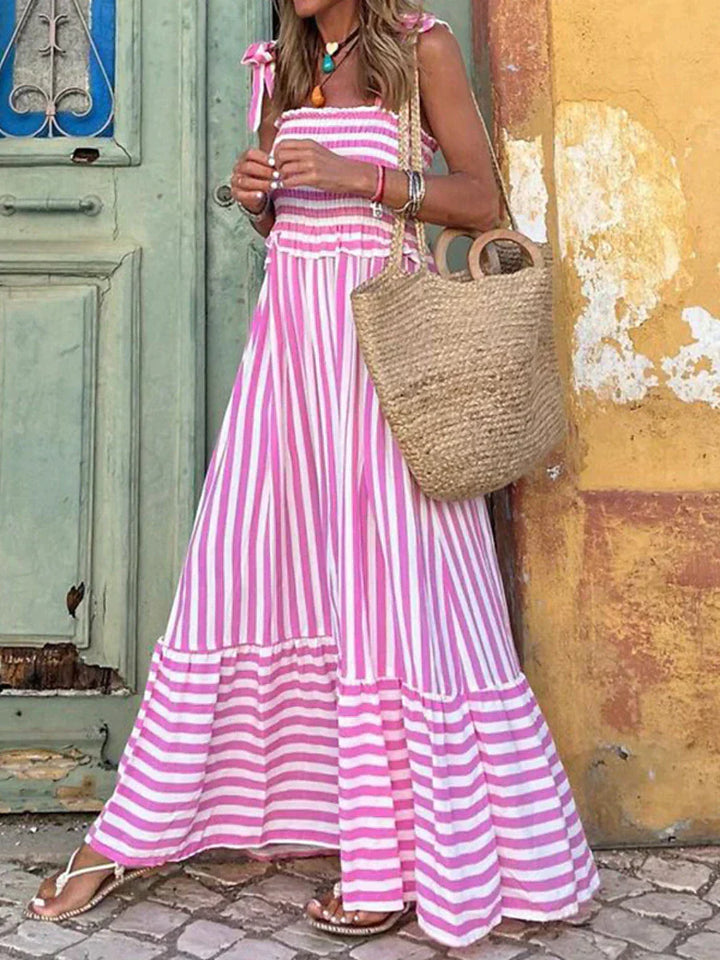 Women's Striped Maxi Dress Smocked Tiered Sleeveless Summer Vacation