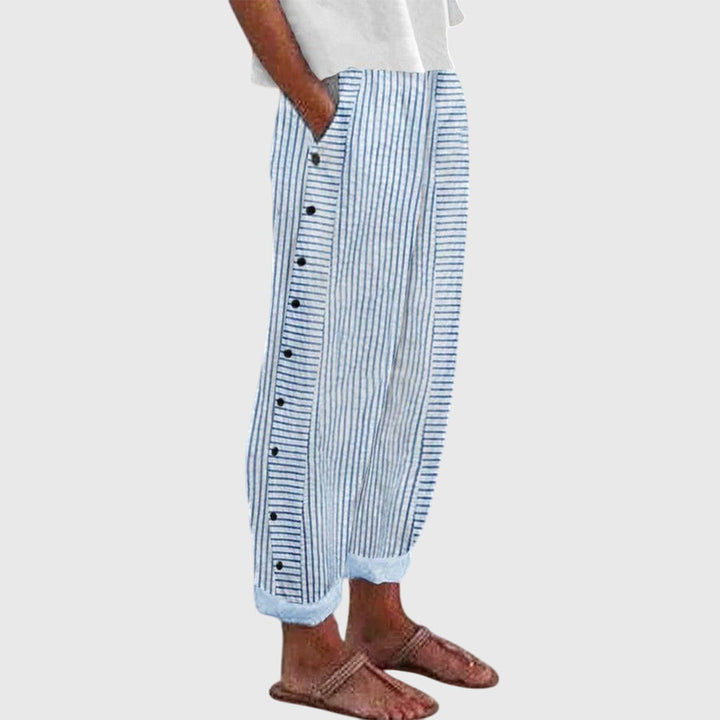 Striped Button Side Linen Casual Pants Women - Relaxed Fit