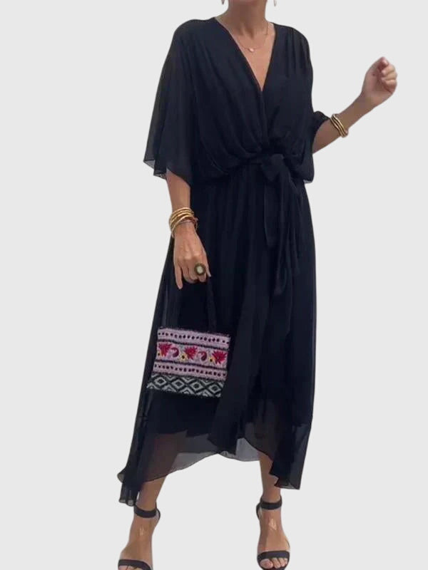 V Neck Belted Wrap Midi Dress Flowy Fit
