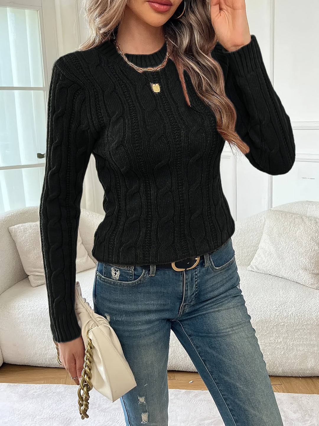Saskia | Women's Fitted Crew Neck Sweater in Cable Knit