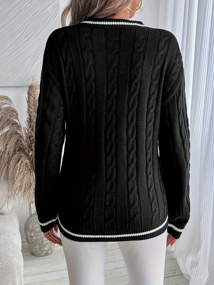 Verona | Women's Oversized Varsity Stripe V-Neck Pullover Sweater in Cable Knit