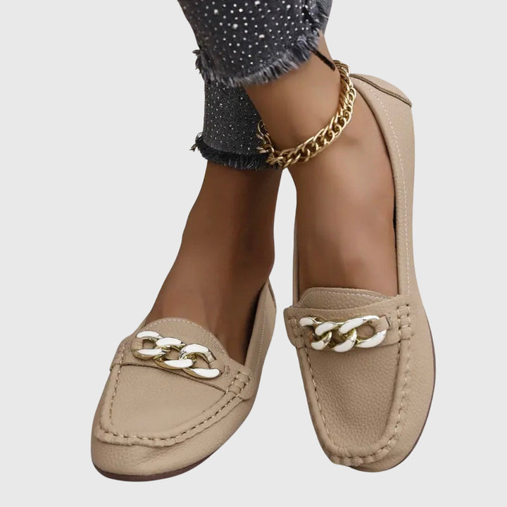 Gold Chain Detail Round Toe Loafers Women