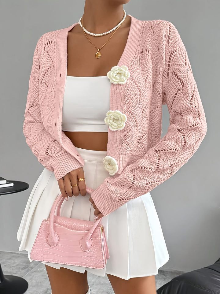 Marigold | Women's Scalloped Crochet Cardigan with 3D Rose Buttons