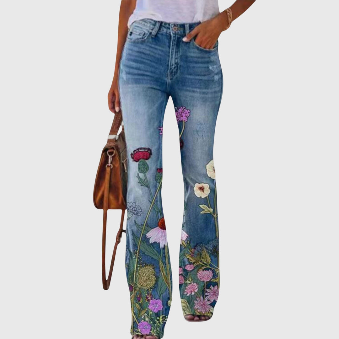 Floral Print High Waisted Flare Jeans Women - Boho Style