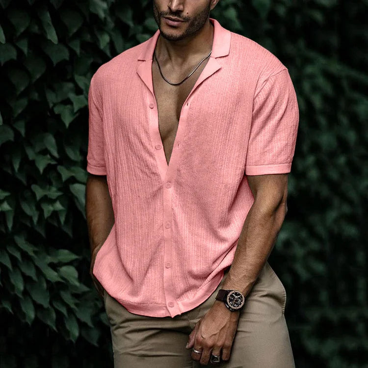 Ribbed Knit Camp Collar Short Sleeve Button Down Mens Casual Shirt