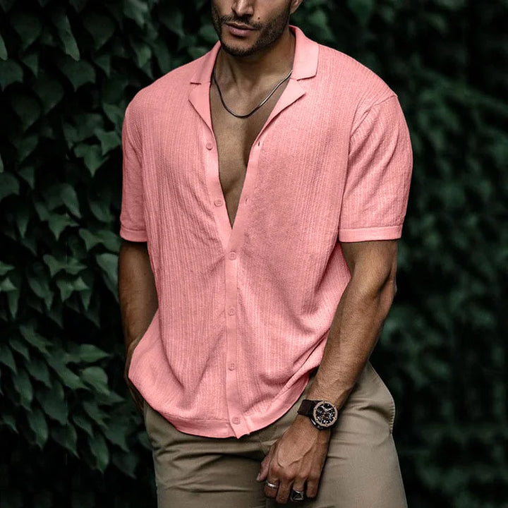 Ribbed Knit Camp Collar Short Sleeve Button Down Mens Casual Shirt