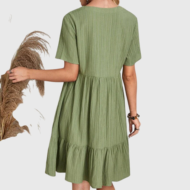 Short Sleeve V Neck Smock Mini Dress
