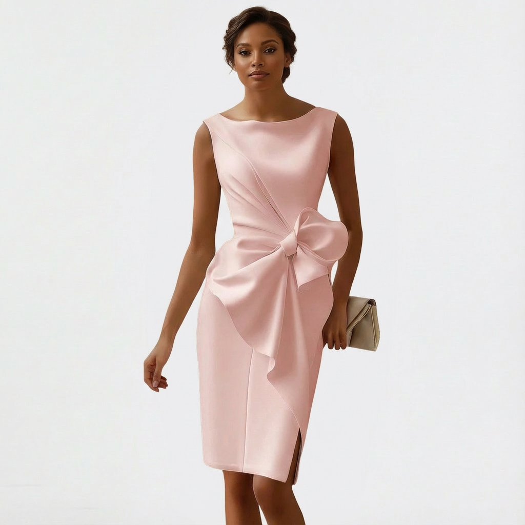 Women's Bow Detail Midi Dress Sleeveless Bodycon Wedding Guest