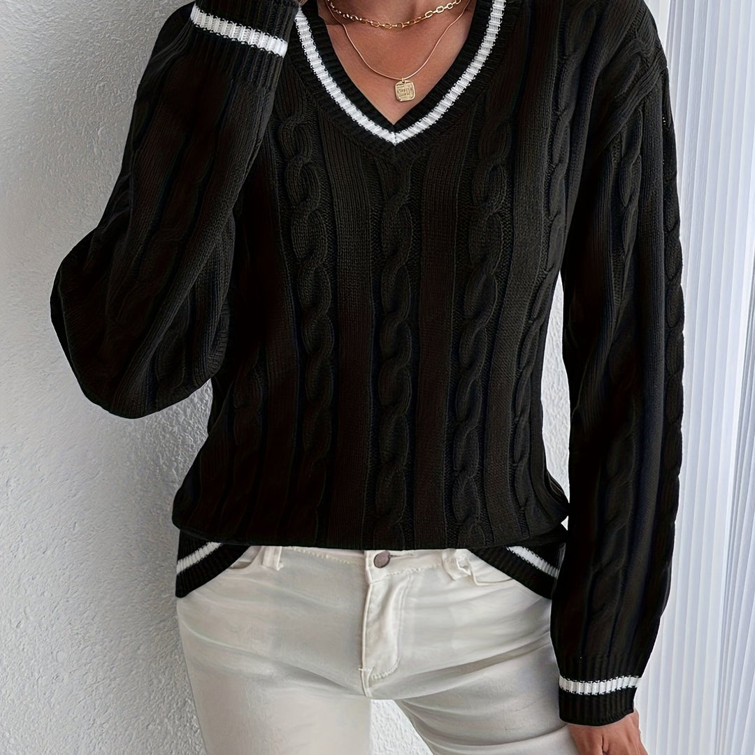 Verona | Women's Oversized Varsity Stripe V-Neck Pullover Sweater in Cable Knit