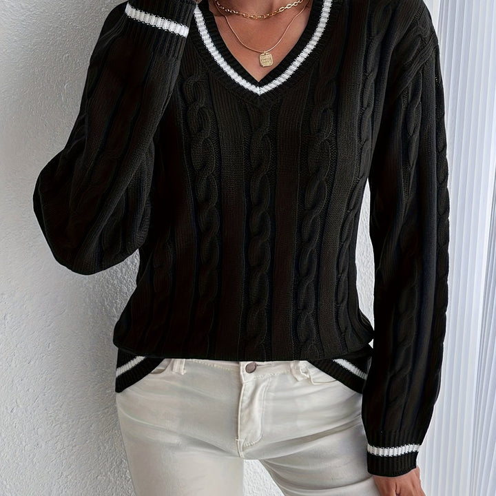 Verona | Women's Oversized Varsity Stripe V-Neck Pullover Sweater in Cable Knit