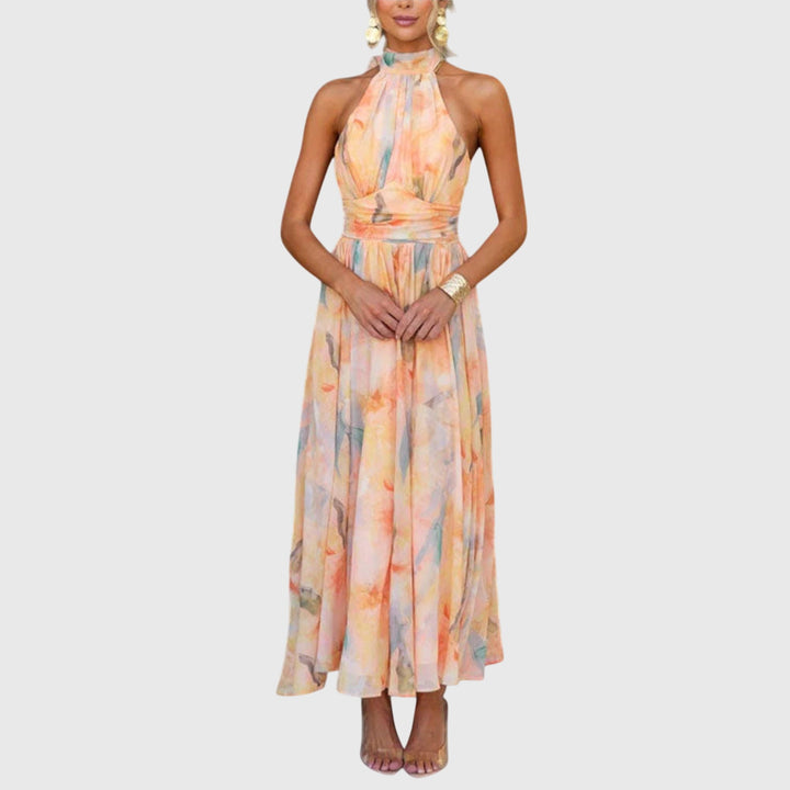 Halter Neck Flowy Maxi Dress Belted Waist