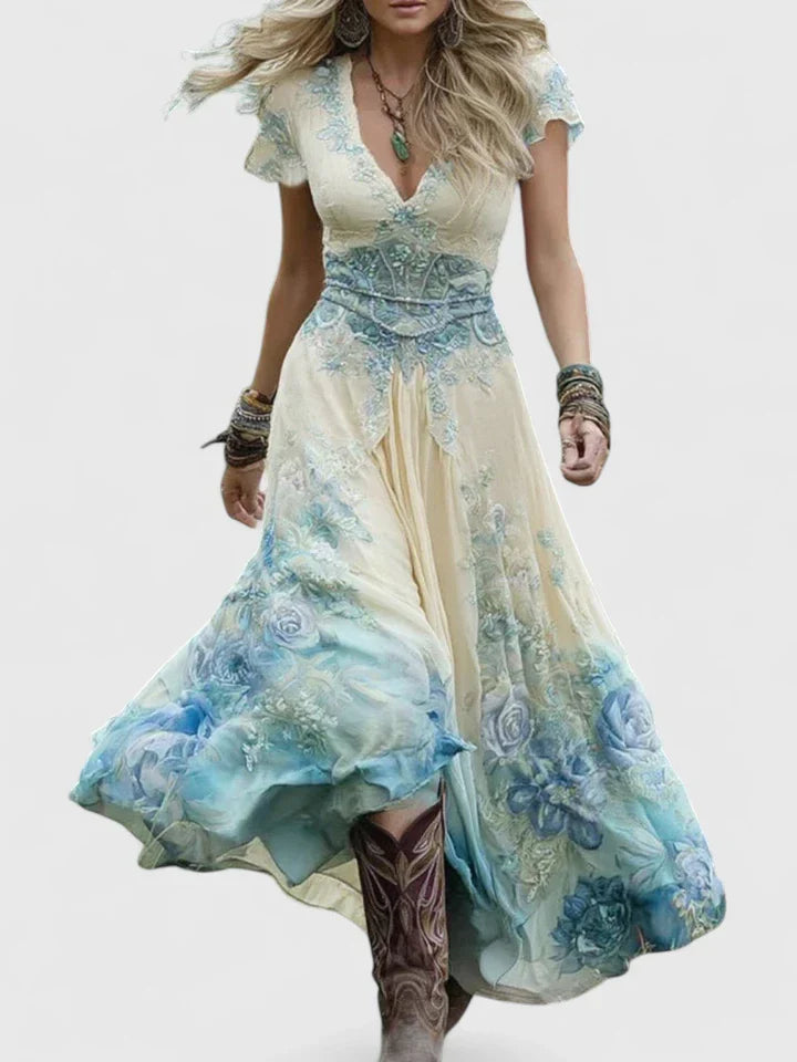 V Neck Boho Maxi Dress Short Sleeve