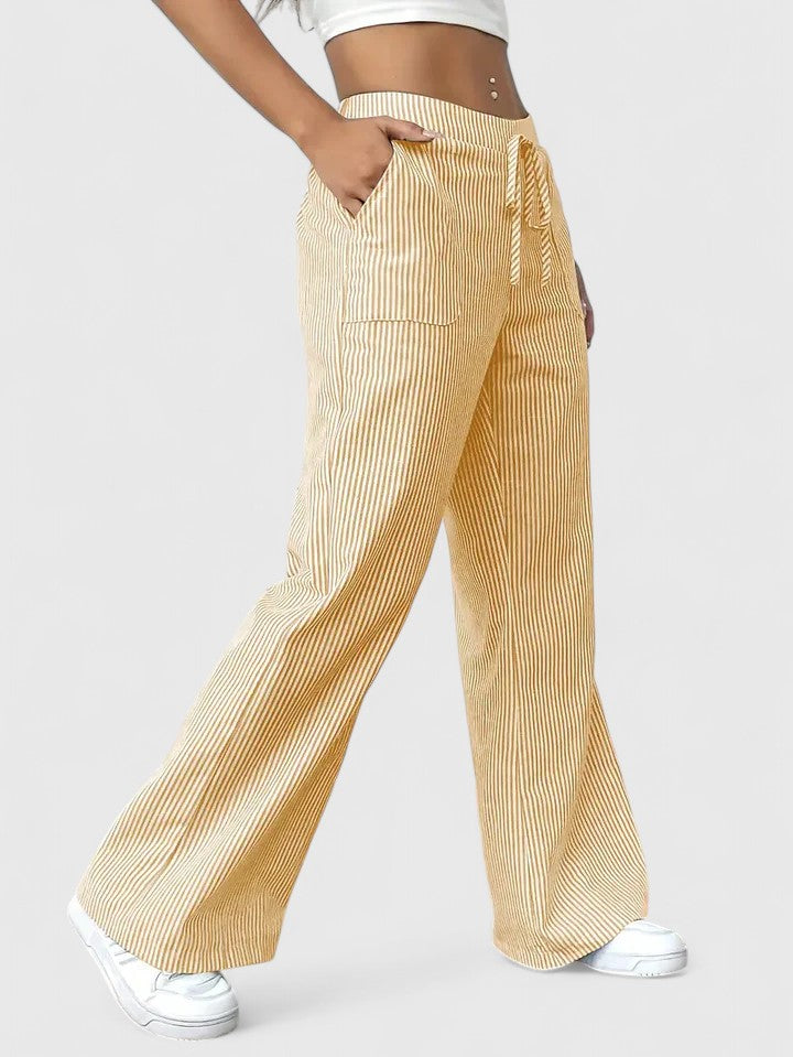 Striped Drawstring Wide Leg Pants Women - Casual Cotton