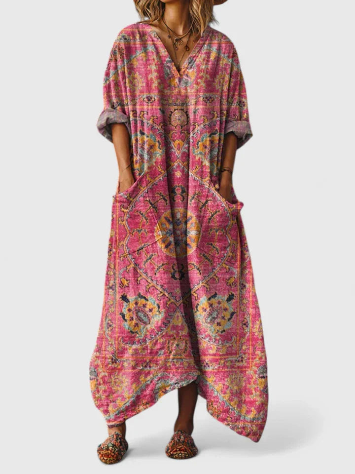 V Neck Boho Maxi Dress Loose Fit