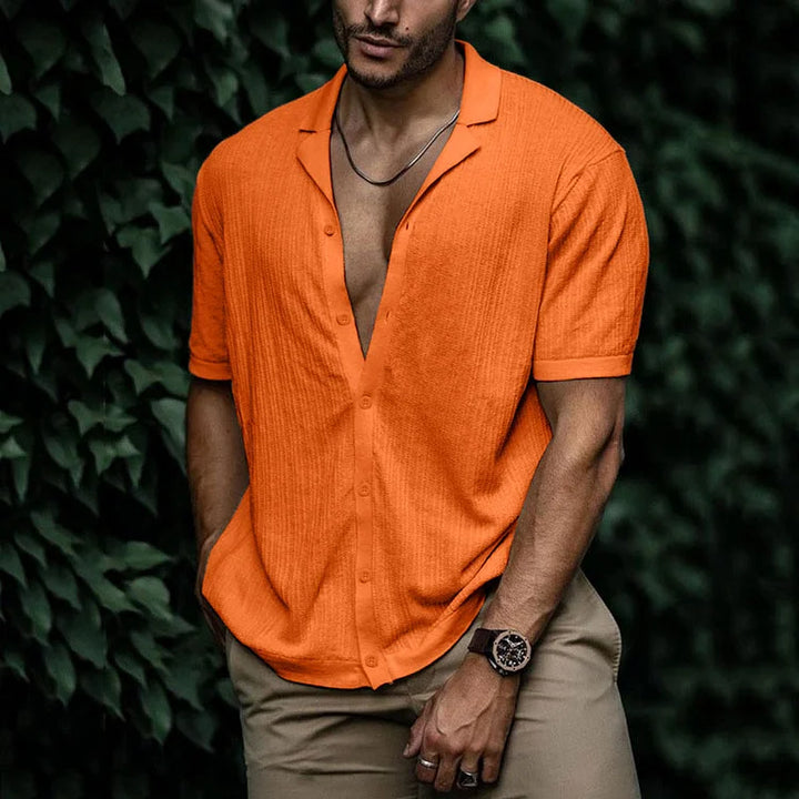 Ribbed Knit Camp Collar Short Sleeve Button Down Mens Casual Shirt