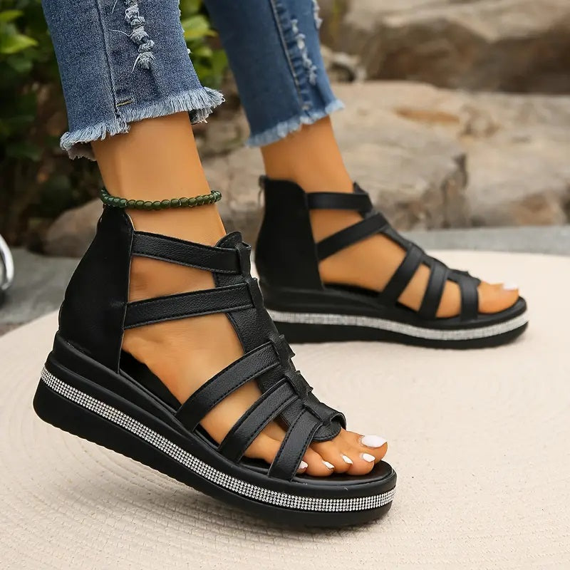 Caged Multi Strap Back Zip Rhinestone Trim Platform Sandal