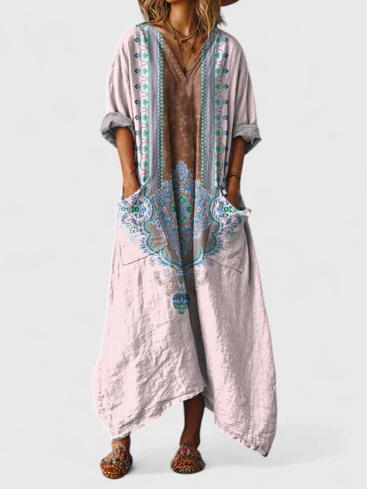 V Neck Boho Maxi Dress Loose Fit