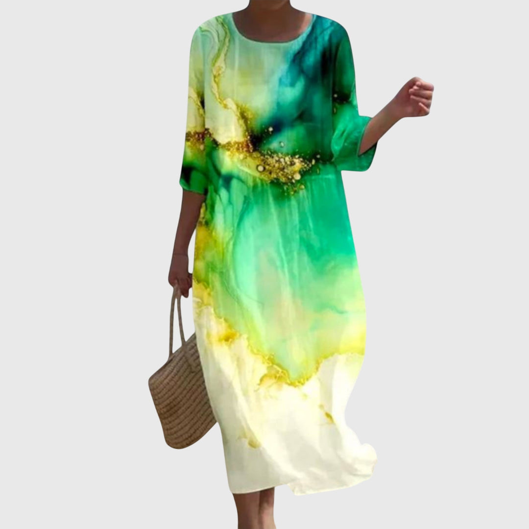 Floral Midi Dress Loose Fit Three Quarter Sleeve