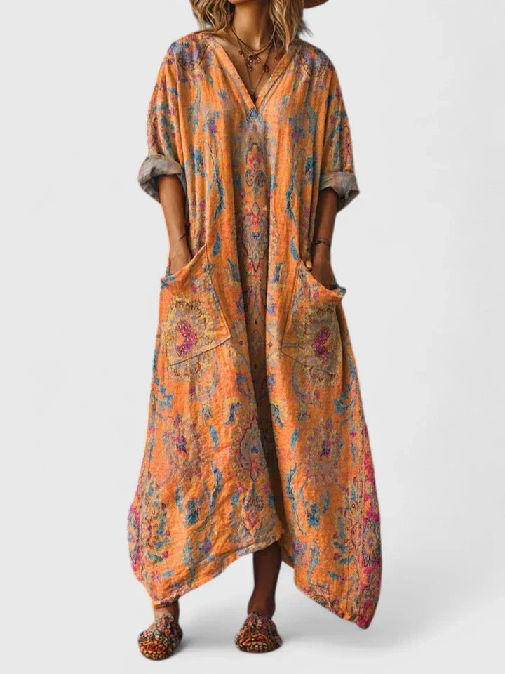 V Neck Boho Maxi Dress Loose Fit