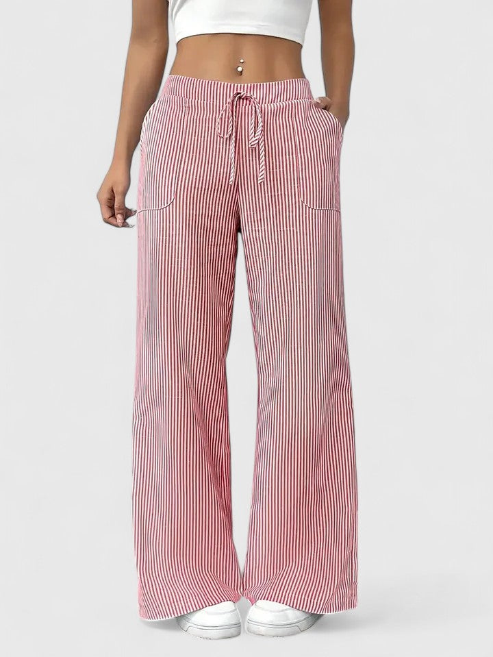 Striped Drawstring Wide Leg Pants Women - Casual Cotton