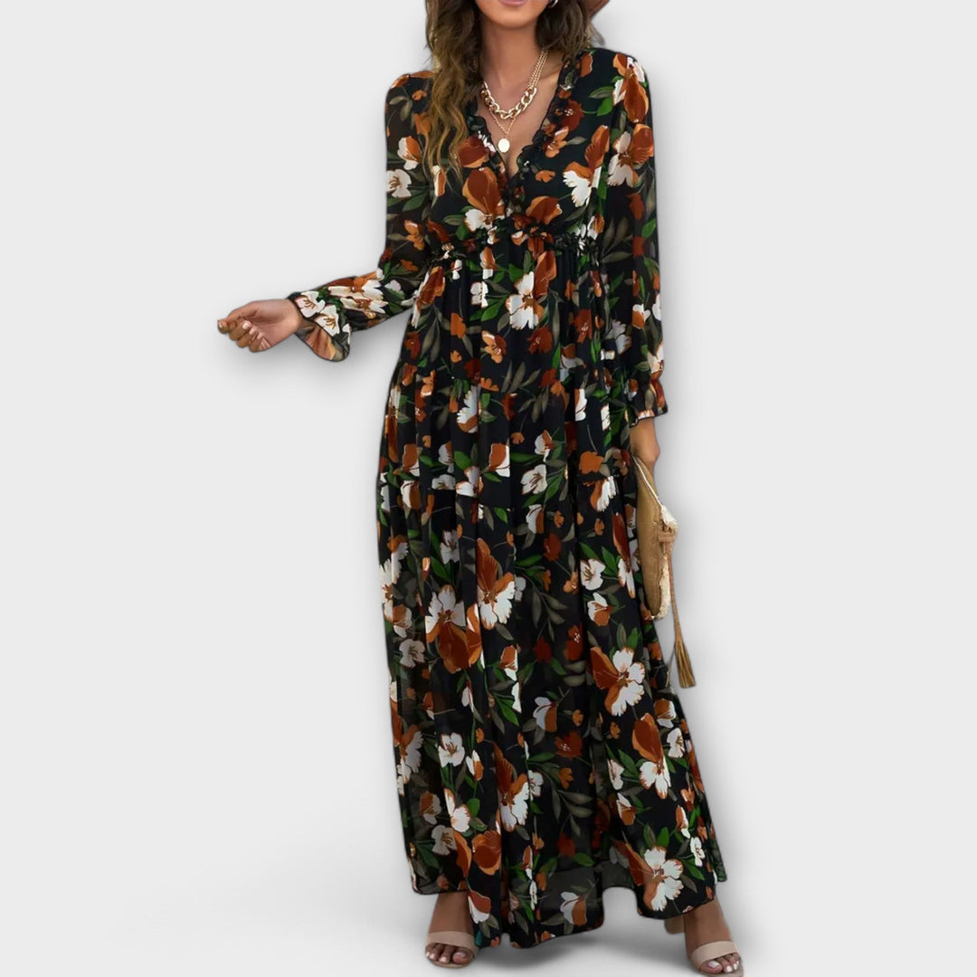 Long Sleeve Floral Maxi Dress Tiered Fit