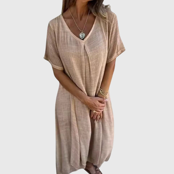 Casual Cotton Linen V Neck Summer Midi Dress
