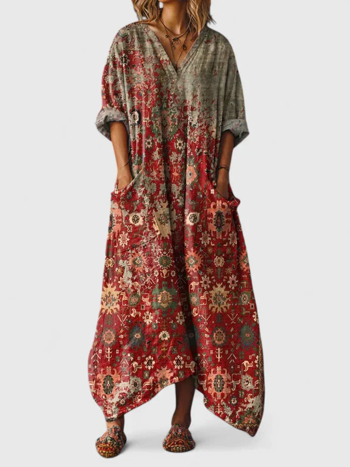 V Neck Boho Maxi Dress Loose Fit